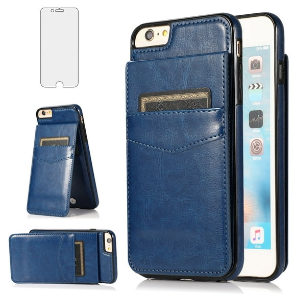 Asuwish Compatible with iPhone 6plus 6splus 6/6s Plus Wallet Phone Case with Tempered Glass Screen Protector Card Holder Stand Cell Cover for iPhone6 6+ iPhone6s 6s+ i 6P 6a S Six iPhone6splus Blue