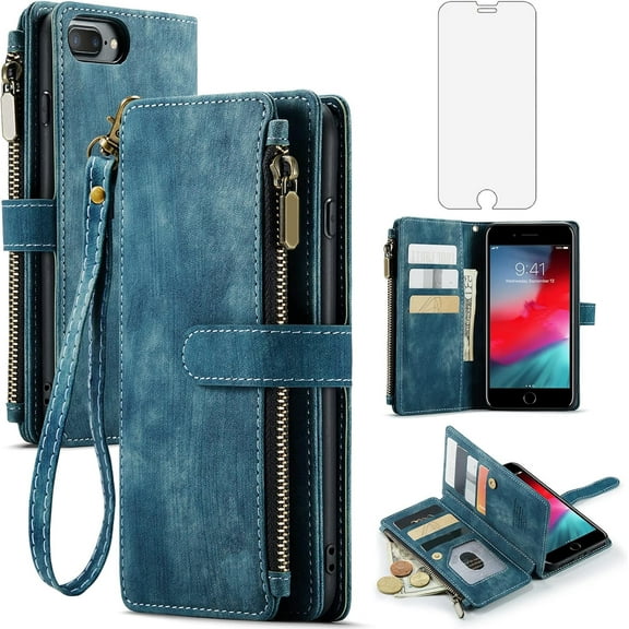 Asuwish Compatible with iPhone 6plus 6splus 6/6s Plus Wallet Phone Case and Tempered Glass Screen Protector Flip Card Holder Cell Cover for iPhone6 6+ iPhone6s 6s+ i 6P 6a S Six iPhone6splus Blue