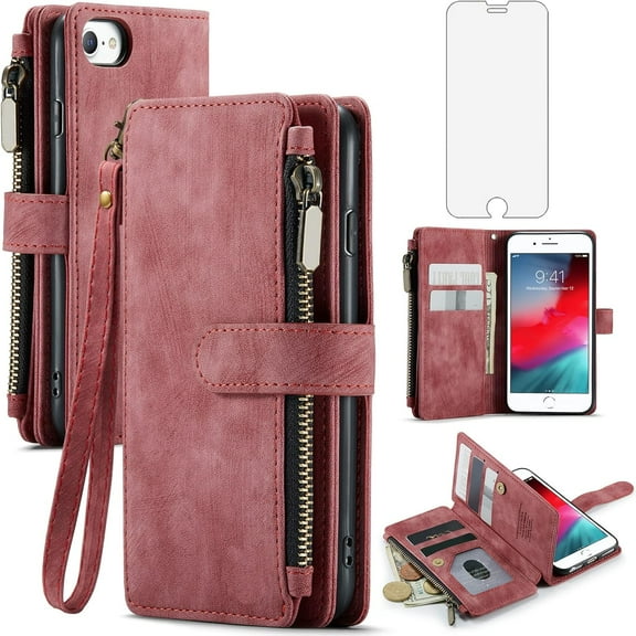 Asuwish Compatible with iPhone 7/8/SE 2020/2022 Wallet Phone Case and Screen Protector Flip Card Holder Cell Cover for iPhone7 iPhone8 7s 8s i SE2020 SE2022 2/2nd/3/3rd Generation SE2 SE3 7SE 8SE Red