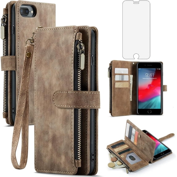Asuwish Kickstand Hard Shell Wallet Cell Phone Case with Tempered Glass Screen Protector for iPhone 7 Plus/8 Plus, Brown