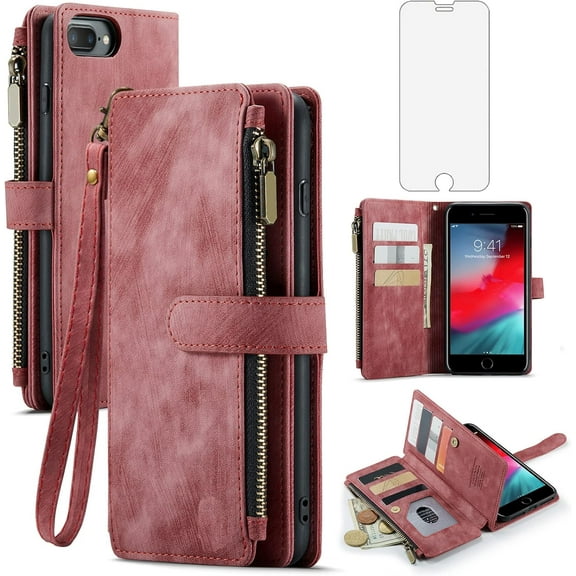 Asuwish Compatible with iPhone 7plus 8plus 7/8 Plus Wallet Phone Case and Tempered Glass Screen Protector Faux Leather Flip Card Holder Zipper Cell Cover for i Phone7s 7s + 7+ 8s 8+ Phones8 7p 8p Red