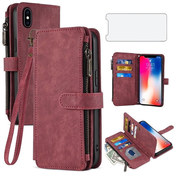 Asuwish Kickstand Hard Shell Wallet Cell Phone Case with Tempered Glass Screen Protector for iPhone XR, Red
