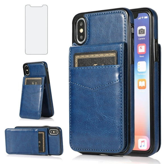 Asuwish Compatible with iPhone Xs Max Wallet Phone Case with Tempered Glass Screen Protector Credit Card Holder Slot Stand Cell Cover for i X XR Xsmax 10x SX Xmax 10xs 10s 10 Plus Xmaxs Women Blue
