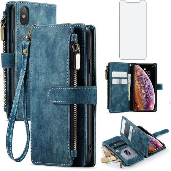 Asuwish Kickstand Hard Shell Wallet Cell Phone Case with Tempered Glass Screen Protector for iPhone XS Max, Blue