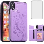 Asuwish Compatible with iPhone Xs Max Wallet Phone Case Tempered Glass Screen Protector and Flower PU Leather Card Holder Stand Cell Cover for i X XR Xsmax 10x SX Xmax 10xs 10s 10 Plus Xmaxs Purple