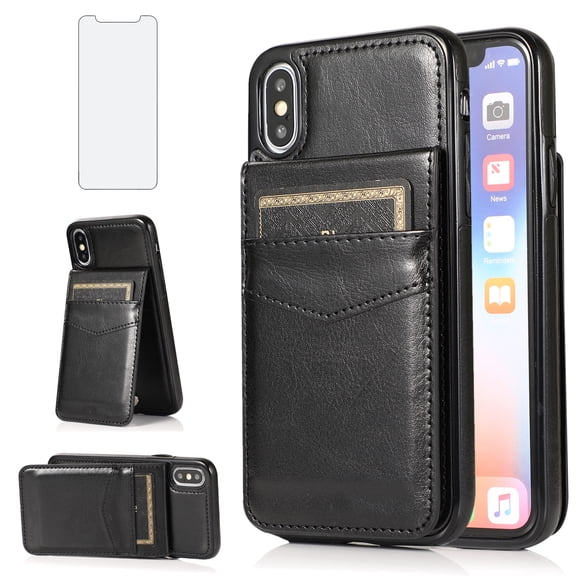Asuwish Screen Protector Included PU Leather Soft Shell Wallet Cell Phone Case with Screen Protector for iPhone X/iPhone XS, Black