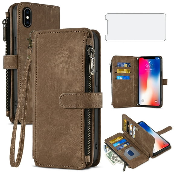 Asuwish Compatible with iPhone Xs X 10 10s Wallet Phone Case and Tempered Glass Screen Protector Faux Leather Flip Card Holder Cell Cover for iPhoneX iPhoneXs iPhone10 i PhoneX SX 10x 10xs X’s Brown