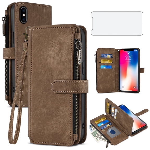 Asuwish Kickstand Hard Shell Wallet Cell Phone Case with Tempered Glass Screen Protector for iPhone X/XS, Brown