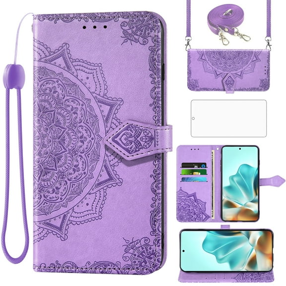 Asuwish Screen Protector Included Mandala Flower Hard Shell Wallet Cell Phone Case with Tempered Glass Screen Protector for Motorola Moto Edge 60 Fusion, Purple