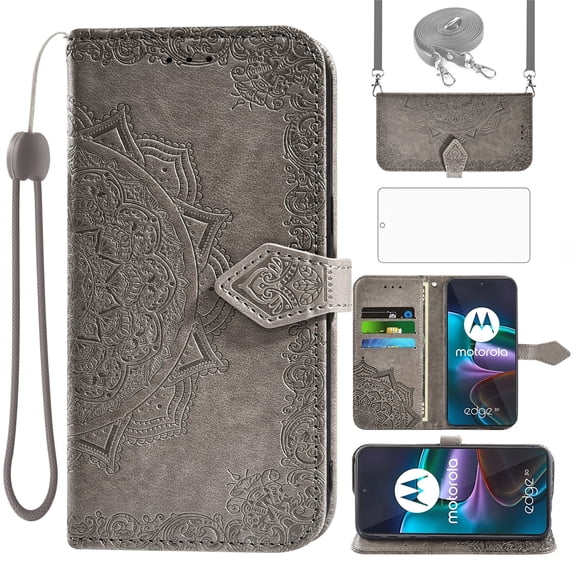 Asuwish Screen Protector Included Mandala Flower Hard Shell Wallet Cell Phone Case with Tempered Glass Screen Protector for Motorola Moto Edge 30, Gray