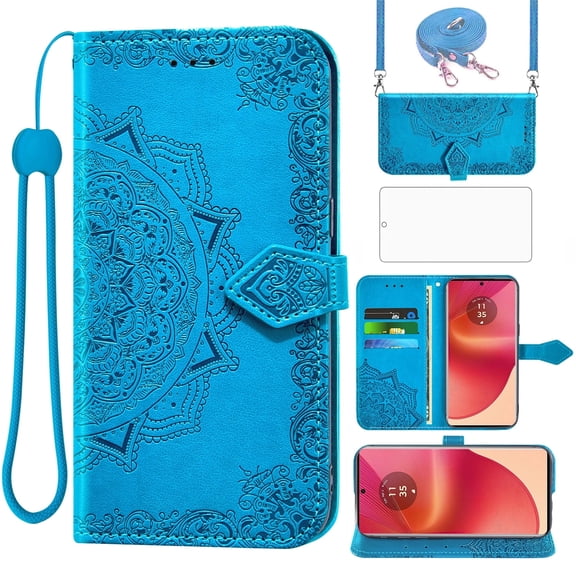 Asuwish Screen Protector Included Mandala Flower Hard Shell Wallet Cell Phone Case with Tempered Glass Screen Protector for Motorola Moto Edge 50 Fusion, Blue