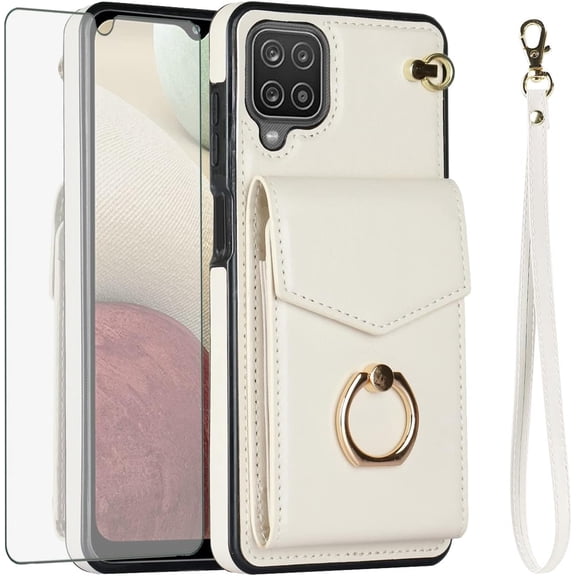 Asuwish Credit Card Slot PU Leather Wallet Cell Phone Case with Ring & RFID Blocking and Tempered Glass Screen Protector for Samsung Galaxy A42, White