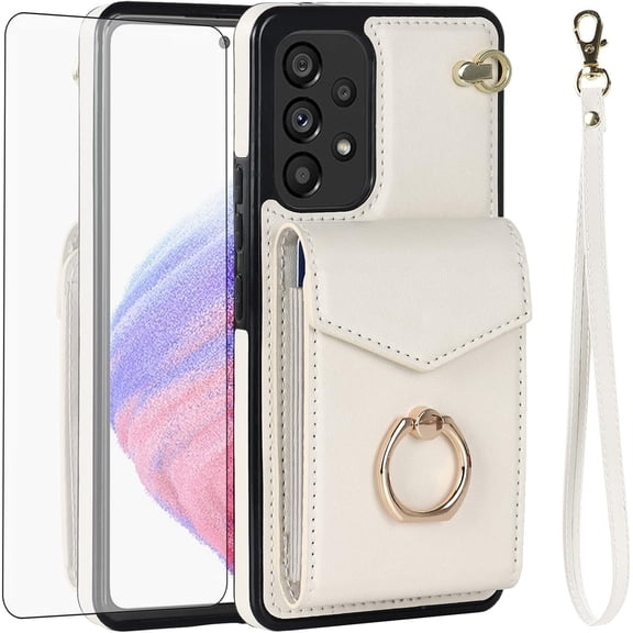 Asuwish Credit Card Slot PU Leather Wallet Cell Phone Case with Ring & RFID Blocking and Tempered Glass Screen Protector for Samsung Galaxy A53 5G, White