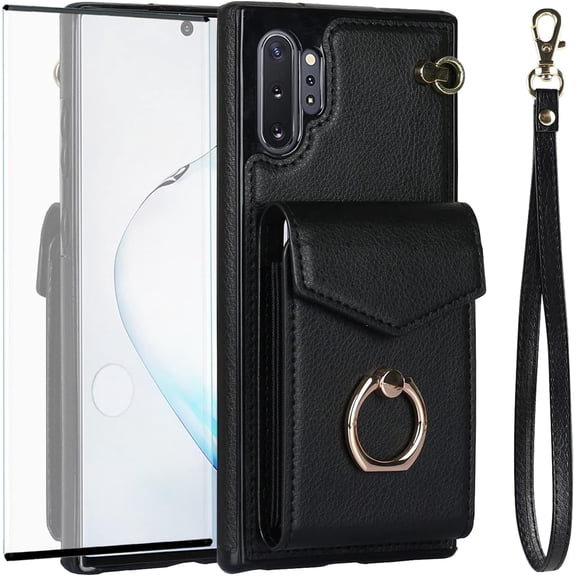 Asuwish Credit Card Slot PU Leather Wallet Cell Phone Case with Ring & RFID Blocking and Tempered Glass Screen Protector for Samsung Galaxy Note 10 Plus, Black