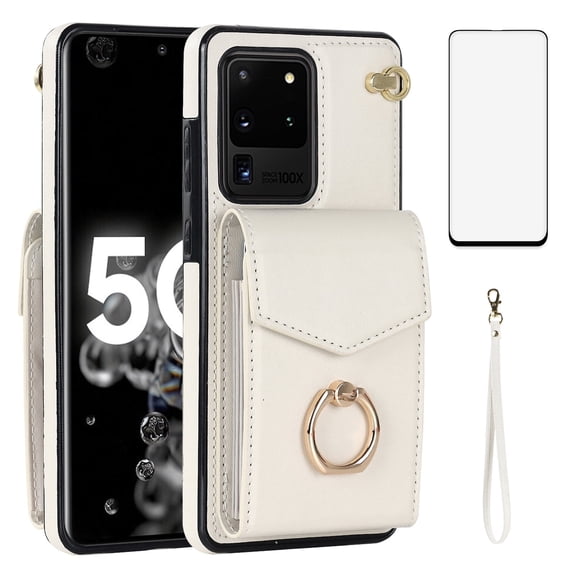 Asuwish Credit Card Slot PU Leather Wallet Cell Phone Case with Ring & RFID Blocking and Tempered Glass Screen Protector for Samsung Galaxy S20 Ultra, White