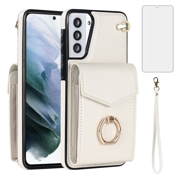 Asuwish Credit Card Slot PU Leather Wallet Cell Phone Case with Ring & RFID Blocking and Tempered Glass Screen Protector for Samsung Galaxy S21 Plus, White