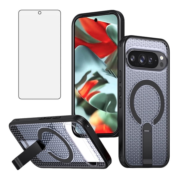 Asuwish Kickstand Hard Shell Slim Cell Phone Case with Tempered Glass Screen Protector for Google Pixel 9 Pro XL, Google Pixel 10 Pro XL, Black