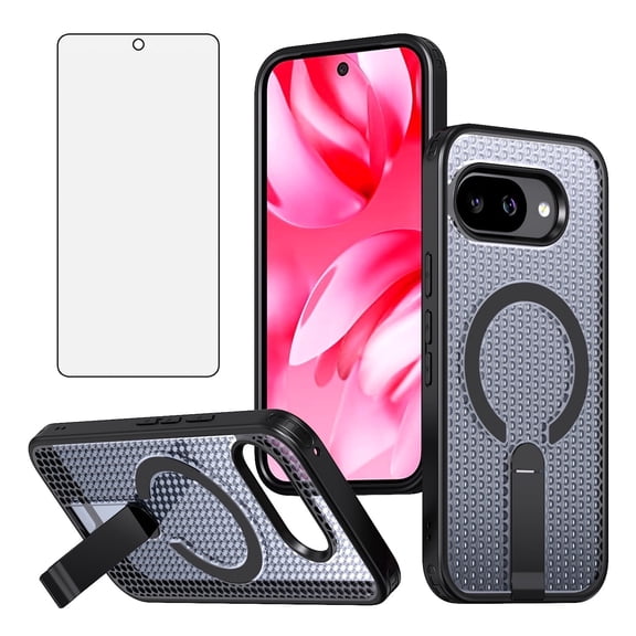 Asuwish Kickstand Hard Shell Slim Cell Phone Case with Tempered Glass Screen Protector for Google Pixel 9A, Black