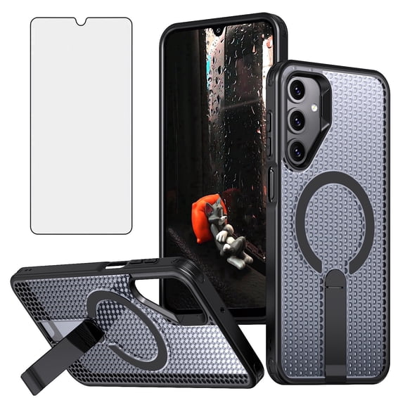 Asuwish Kickstand Hard Shell Slim Cell Phone Case with Tempered Glass Screen Protector for Samsung Galaxy A15, Black