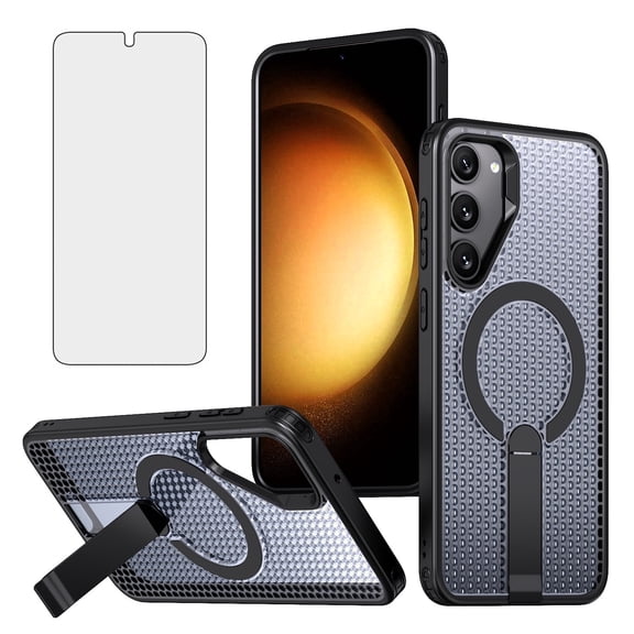 Asuwish Kickstand Hard Shell Slim Cell Phone Case with Tempered Glass Screen Protector for Samsung Galaxy S23, Black