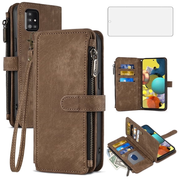 Asuwish Kickstand Hard Shell Wallet Cell Phone Case with Tempered Glass Screen Protector for Samsung Galaxy A51 5G / A51 5G UW Verizon, Brown