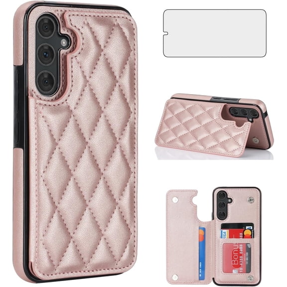 Asuwish Kickstand Hard Shell Wallet RFID Blocking Cell Phone Case with 1 Phone Case 1 Piece Tempered Glass Screen Protector for Samsung Galaxy A54 ,Rose Gold