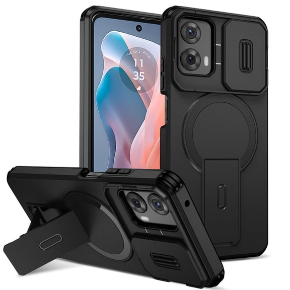 Asuwish Magnetic, Kickstand, Slide Camera Cover TPU, Plastic, Metal Hard Shell Fashion Cell Phone Case for Motorola Moto G 5G 2024/ Moto G Play 5G 2024, Black