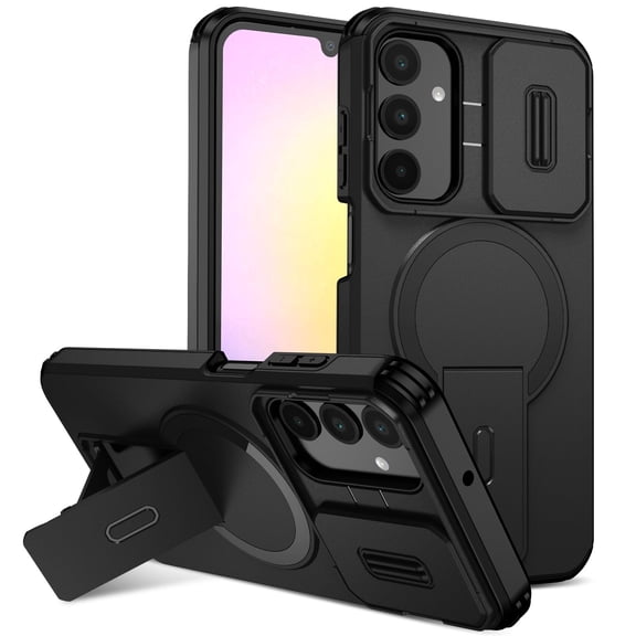 Asuwish Magnetic, Kickstand, Slide Camera Cover TPU, Plastic, Metal Hard Shell Fashion Cell Phone Case for Samsung A25, Black