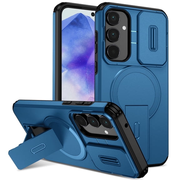 Asuwish Magnetic, Kickstand, Slide Camera Cover TPU, Plastic, Metal Hard Shell Fashion Cell Phone Case for Samsung A35, Blue