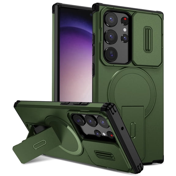 Asuwish Magnetic, Kickstand, Slide Camera Cover TPU, Plastic, Metal Hard Shell Fashion Cell Phone Case for Samsung S23 Ultra, Green