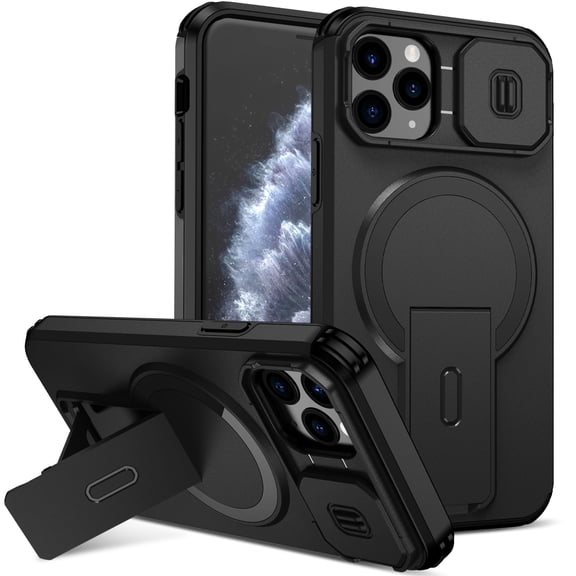 Asuwish Magnetic, Kickstand, Slide Camera Cover TPU, Plastic, Metal Hard Shell Fashion Cell Phone Case for iPhone 11 Pro, Black