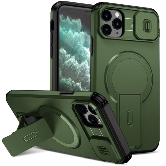 Asuwish Magnetic, Kickstand, Slide Camera Cover TPU, Plastic, Metal Hard Shell Fashion Cell Phone Case for iPhone 11 Pro Max, Green