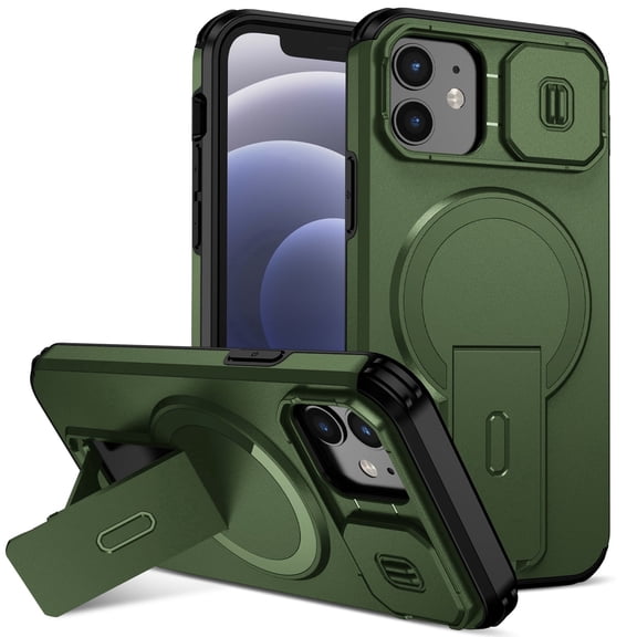 Asuwish Magnetic, Kickstand, Slide Camera Cover TPU, Plastic, Metal Hard Shell Fashion Cell Phone Case for iPhone 12/12 Pro, Green