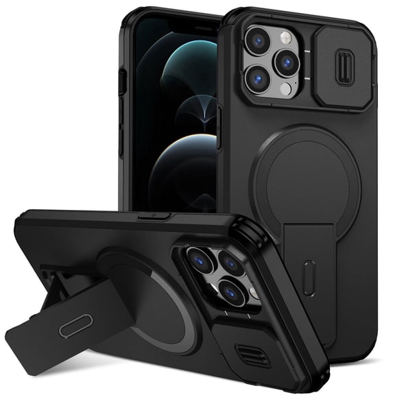 Asuwish Magnetic, Kickstand, Slide Camera Cover TPU, Plastic, Metal Hard Shell Fashion Cell Phone Case for iPhone 12 Pro Max, Black