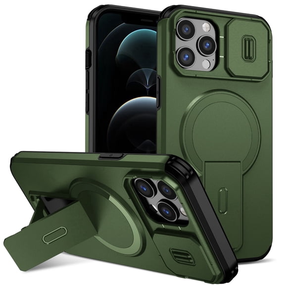 Asuwish Magnetic, Kickstand, Slide Camera Cover TPU, Plastic, Metal Hard Shell Fashion Cell Phone Case for iPhone 12 Pro Max, Green