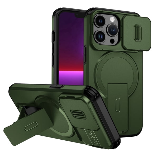 Asuwish Magnetic, Kickstand, Slide Camera Cover TPU, Plastic, Metal Hard Shell Fashion Cell Phone Case for iPhone 13 Pro, Green