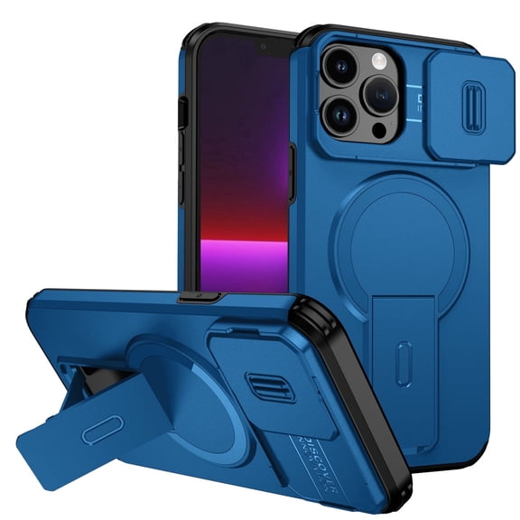 Asuwish Magnetic, Kickstand, Slide Camera Cover TPU, Plastic, Metal Hard Shell Fashion Cell Phone Case for iPhone 13 Pro Max, Blue