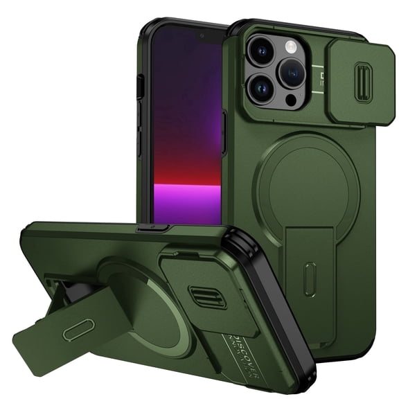 Asuwish Magnetic, Kickstand, Slide Camera Cover TPU, Plastic, Metal Hard Shell Fashion Cell Phone Case for iPhone 13 Pro Max, Green