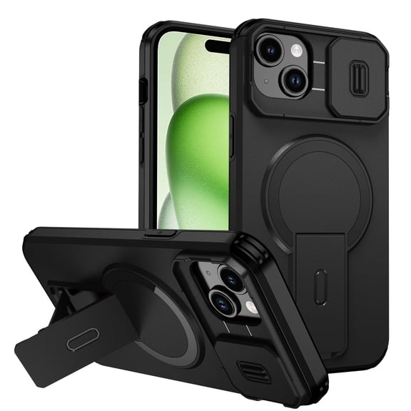 Asuwish Magnetic, Kickstand, Slide Camera Cover TPU, Plastic, Metal Hard Shell Fashion Cell Phone Case for iPhone 14 Plus/15 Plus, Black