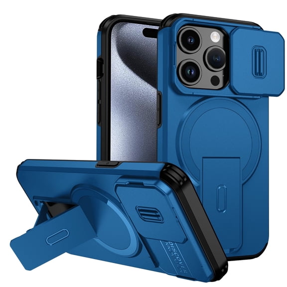Asuwish Magnetic, Kickstand, Slide Camera Cover TPU, Plastic, Metal Hard Shell Fashion Cell Phone Case for iPhone 15 Pro, Blue