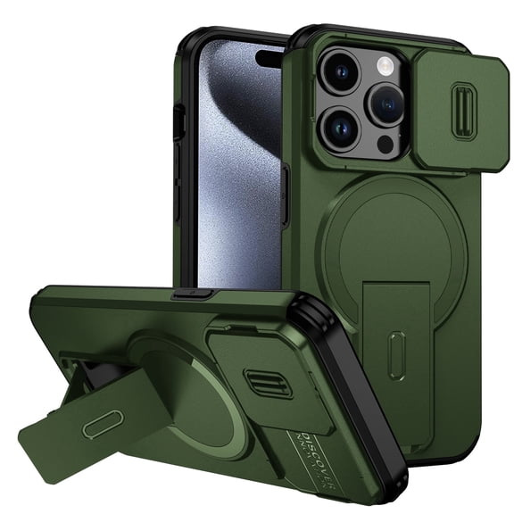 Asuwish Magnetic, Kickstand, Slide Camera Cover TPU, Plastic, Metal Hard Shell Fashion Cell Phone Case for iPhone 15 Pro, Green