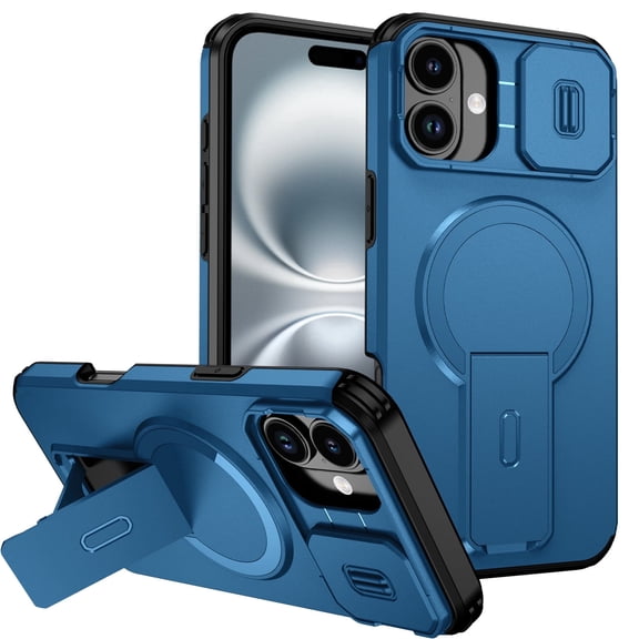 Asuwish Magnetic, Kickstand, Slide Camera Cover TPU, Plastic, Metal Hard Shell Fashion Cell Phone Case for iPhone 16 Plus, Blue