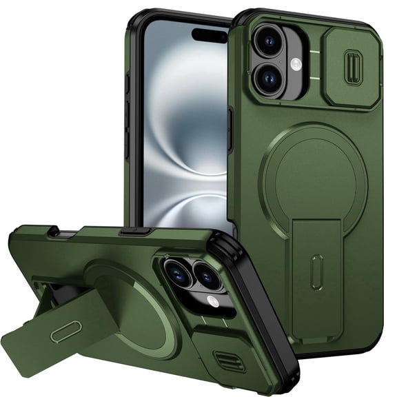 Asuwish Magnetic, Kickstand, Slide Camera Cover TPU, Plastic, Metal Hard Shell Fashion Cell Phone Case for iPhone 16 Plus, Green