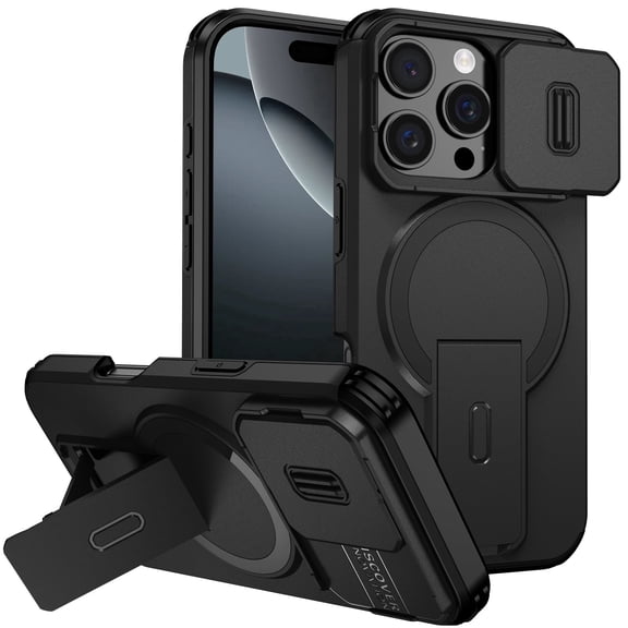 Asuwish Magnetic, Kickstand, Slide Camera Cover TPU, Plastic, Metal Hard Shell Fashion Cell Phone Case for iPhone 16 Pro, Black