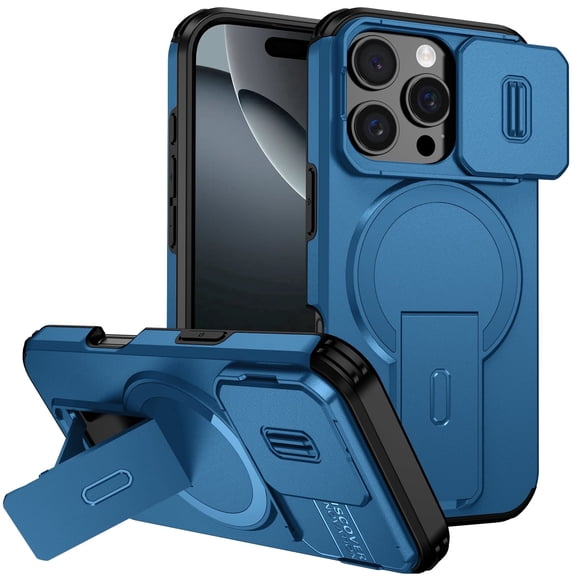 Asuwish Magnetic, Kickstand, Slide Camera Cover TPU, Plastic, Metal Hard Shell Fashion Cell Phone Case for iPhone 16 Pro, Blue