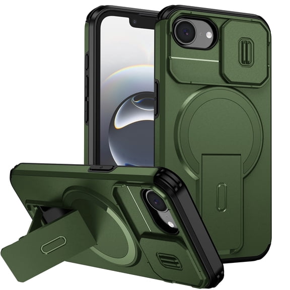 Asuwish Magnetic, Kickstand, Slide Camera Cover TPU, Plastic, Metal Hard Shell Fashion Cell Phone Case for iPhone 16E, Green