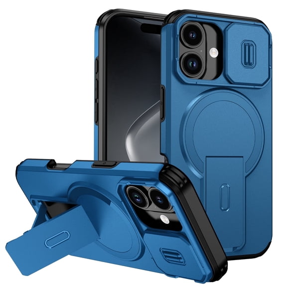 Asuwish Magnetic, Kickstand, Slide Camera Cover TPU, Plastic, Metal Hard Shell Fashion Cell Phone Case for iPhone 17, Blue