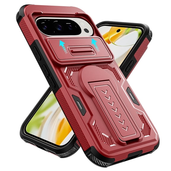 Asuwish Phone Case Compatible with Google Pixel 10/10 Pro 5G Slide Camera Cover Tempered Glass Screen Protector Invisible bracket Rugged Anti-fall Cover for Pixel10 10Pro Nine Women Men Red
