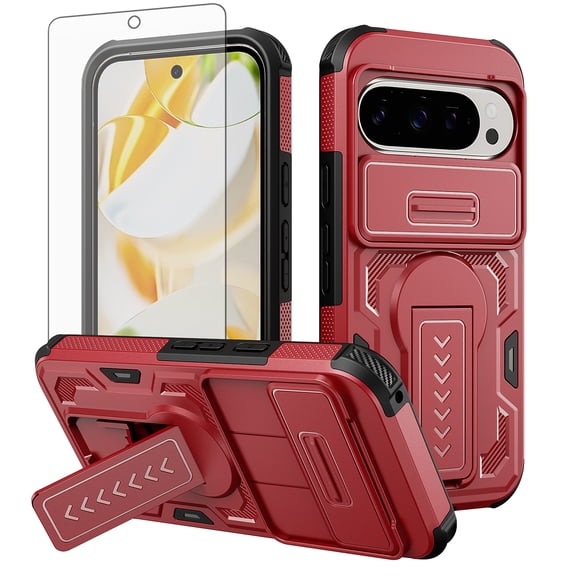 Asuwish Phone Case Compatible with Google Pixel 9/9 Pro 5G Slide Camera Cover Tempered Glass Screen Protector Invisible bracket Rugged Anti-fall Cover for Pixel9 9Pro Nine Women Men Red