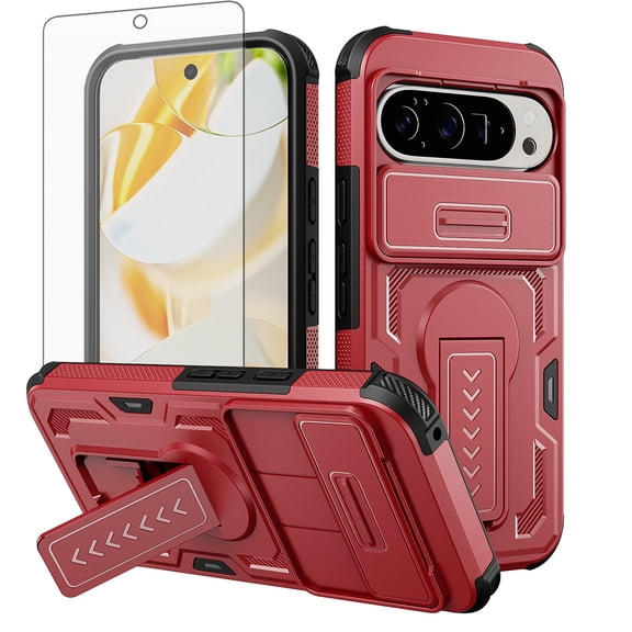Asuwish Phone Case Compatible with Google Pixel 9 Pro XL/Pixel 10 Pro XL Slide Camera Cover Tempered Glass Screen Protector Invisible bracket Rugged Anti-fall Cover for Pixel9/10ProXL Women Men Red